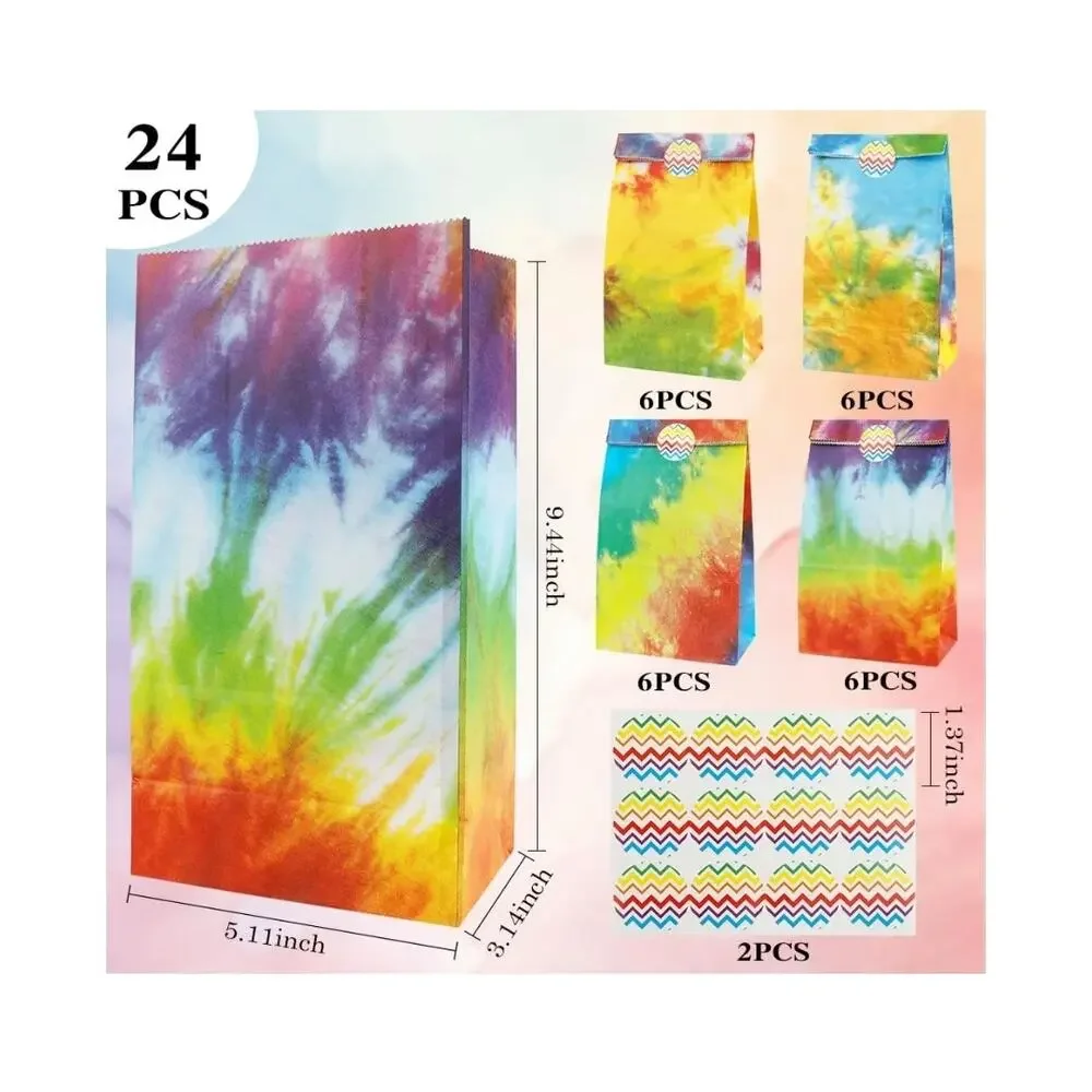 Party Favor Bags for Kids Birthday, 24 PCS Tie Dye Paper Gift Bags with Stickers